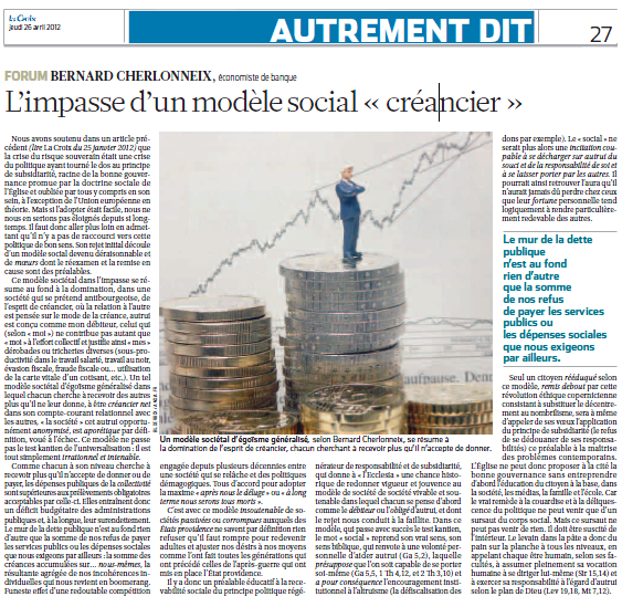 L'impasse d'un modèle social  créancier - Jeudi 26 avril 2012